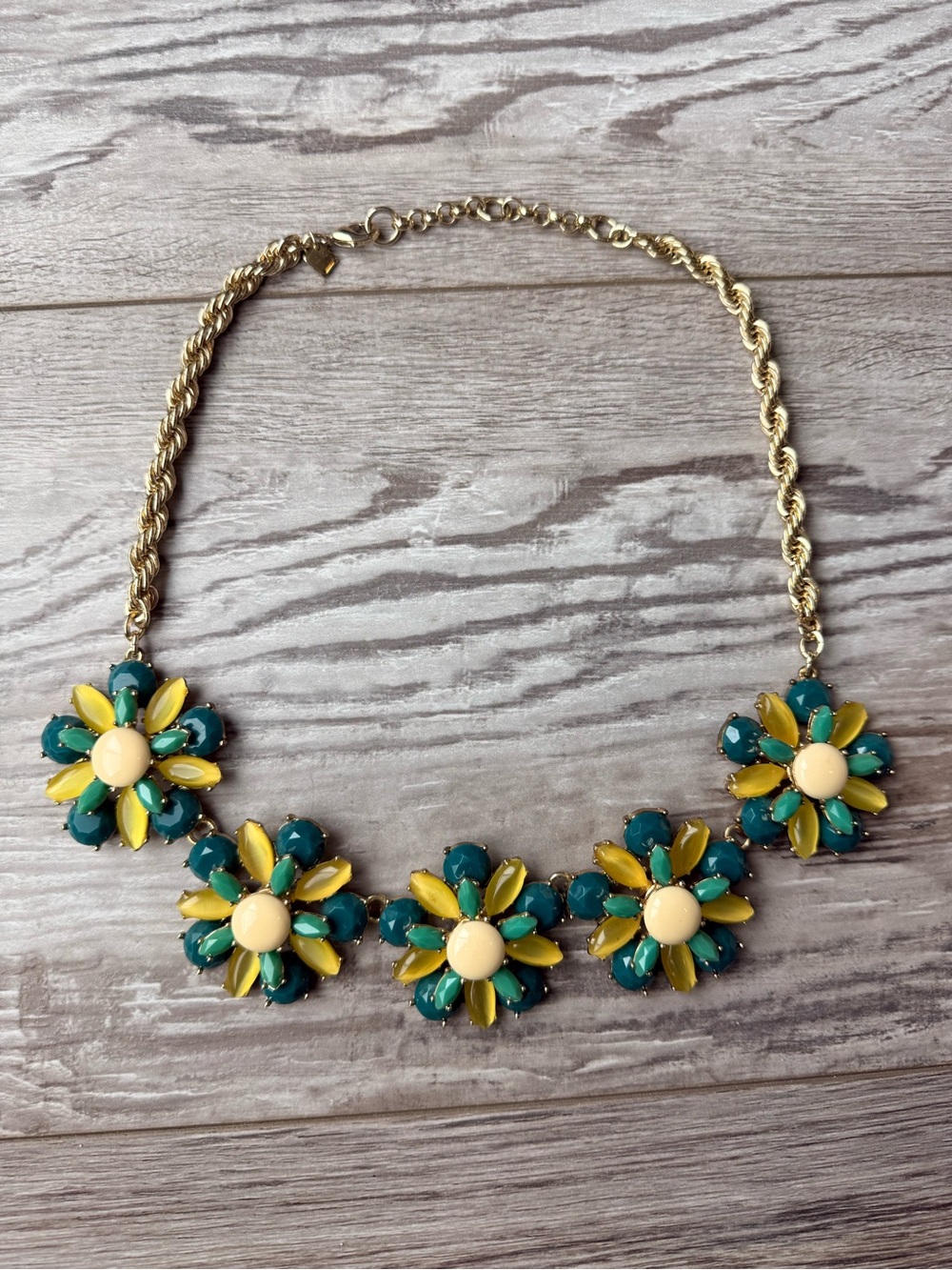 Banana Republic Teal Yellow Floral Bib Statement Necklace Gold Tone